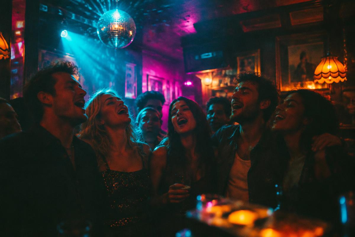 A crowd singing together in a neon-lit Toronto bar